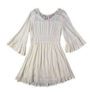 True Destiny Mini Dress Womens Medium Ivory Boho Lace Bell Sleeve Crochet Gauze